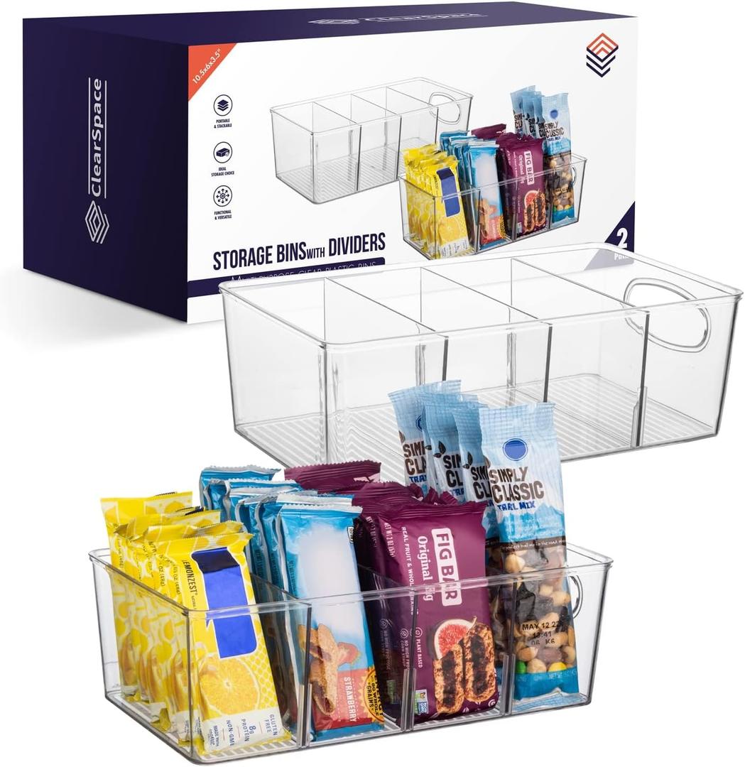 ClearSpace Plastic Pantry Organization and Storage Bins with Removable Dividers Perfect Kitchen Organization or Kitchen Storage Refrigerator Organizer Bins, Cabinet Organizers (2 Pack)