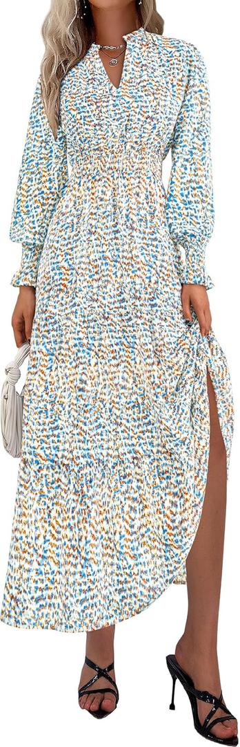 PRETTYGARDEN Women's Floral Maxi Dress 2026 Fall Long Sleeve V Neck A Line Long Flowy Spring Party Boho Dresses, XX-Large (Floral Blue White)