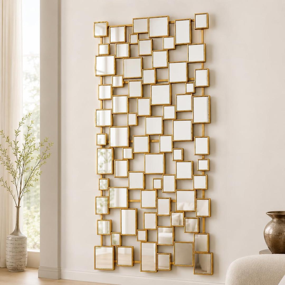 Large Modern Wall Mirror - 27.55"x55.1" Brushed Gold Wall Mirrors Metal Framed Decorative Mirror for Entryway Bedroom Living Room Home Decor