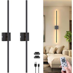 NIORSUN 35.4 Inch Battery Operated Wall Sconce Set of 2, 360 Rotation Black Rechargeable Wall Lights with Detachable Tube and Remote, 3CCT Dimmable Wireless Wall Lamp for Living Room Bedroom Hallway