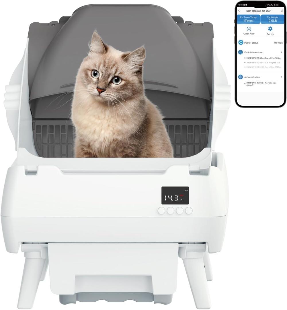 Automatic Cat Litter Box Self Cleaning - App Control, Open-Design, Smart Health Monitor, Suitable for Medium Cats and Kittens, Anti-Pinch Safety, Quiet Operation - White, 20.67"L x 15"W x 20.67"H