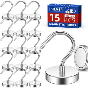 15 Pack Magnetic Hooks Large Opening, 60LBS Neodymium Magnet Hooks Heavy Duty, Strong Magnetic Hooks for Hanging, Magnet with Hooks for Cruise Cabins, Fridge, Classroom, Locker, Office