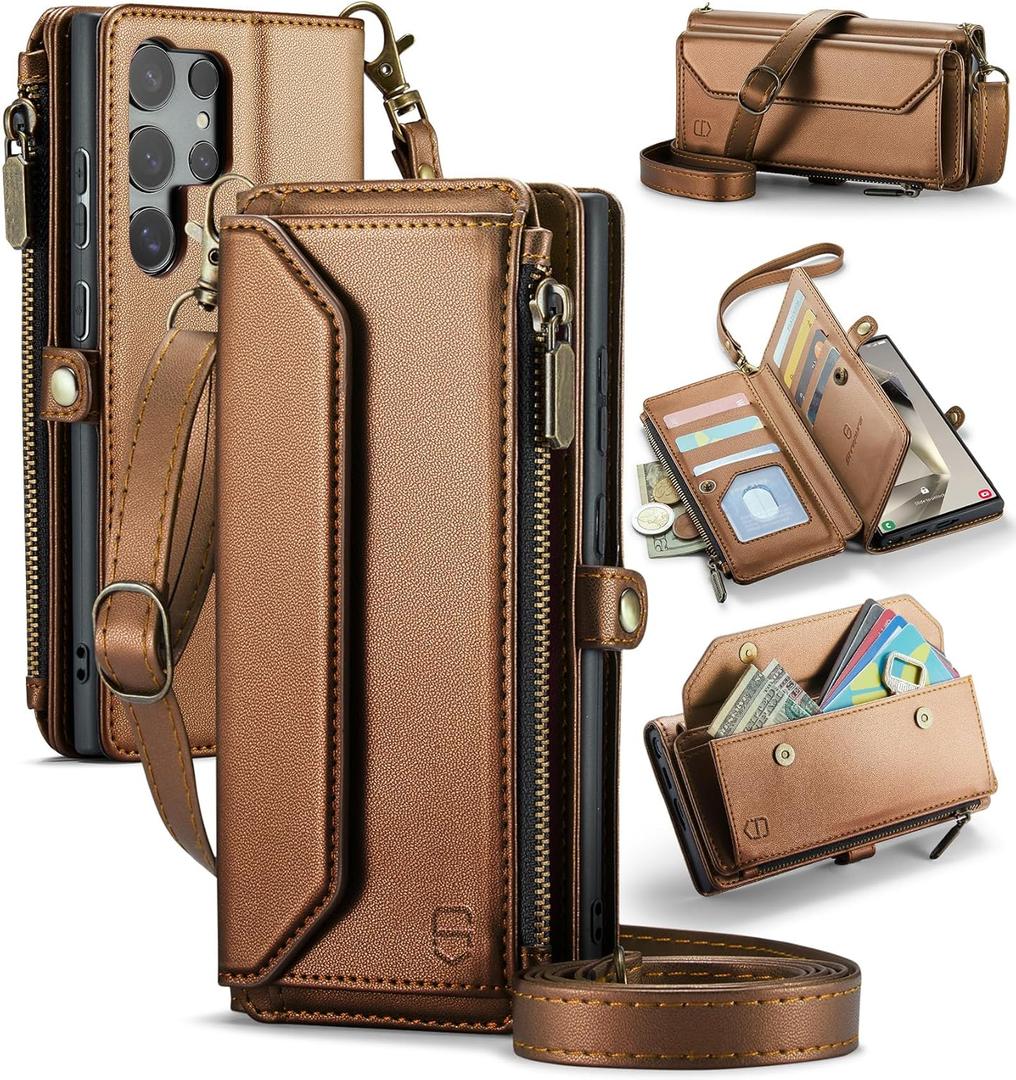 Wallet Case Compatible with Samsung Galaxy S24 Ultra 5G RFID Blocking 10-Card Holder Soft PU Leather Magnetic Snap Strap Zipper Pocket Phone Case Fit for Galaxy S24 Ultra - Brown