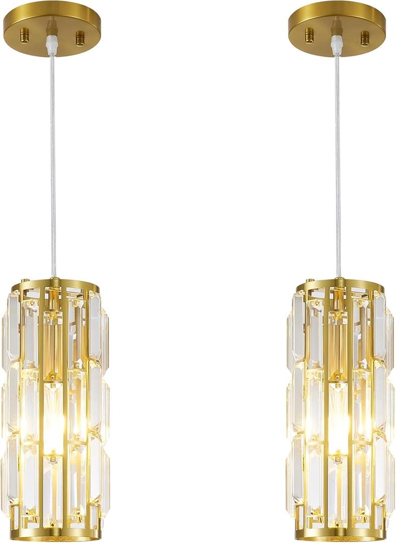 Pendant Lights Modern Gold Pendant Light, Mini Crystal Pendant Lighting for Kitchen, Dining Room, Bedroom Adjustable Pendant lamp (Gold 2 Pack)