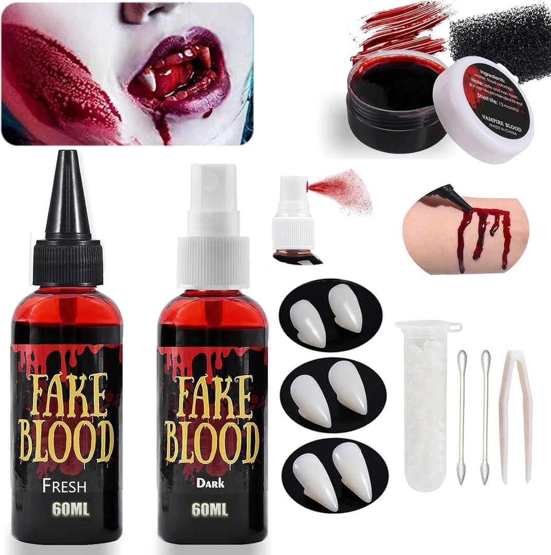 10 pcs Halloween Fake Blood Coagulated(1.06oz)+Spray(2.03oz)+Dripping(2.03oz) Vampire fangs teeth(3 pairs),Washable Blood Splatter Makeup,Realistic Edible Bloods for Clothes, Makeup for Costume