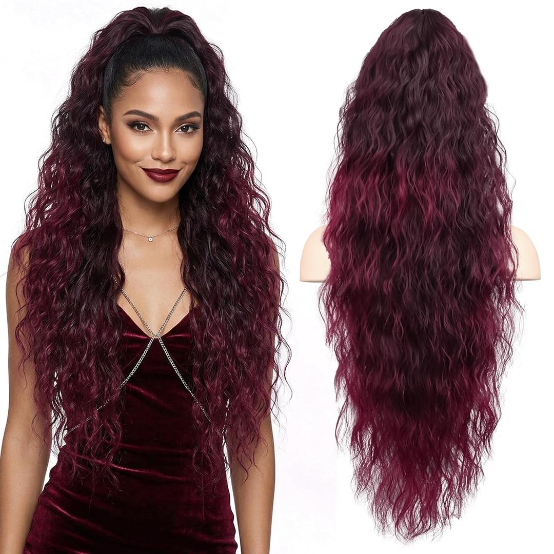 ZQIAN BEAUTY 30 Inch Ponytail Extension, Layered Ponytail Extensions for Women, Soft Wavy Claw Clip in Ponytail Extension, Natural Synthetic Hair Pieces for Women (Color: Ombre Burgundy)