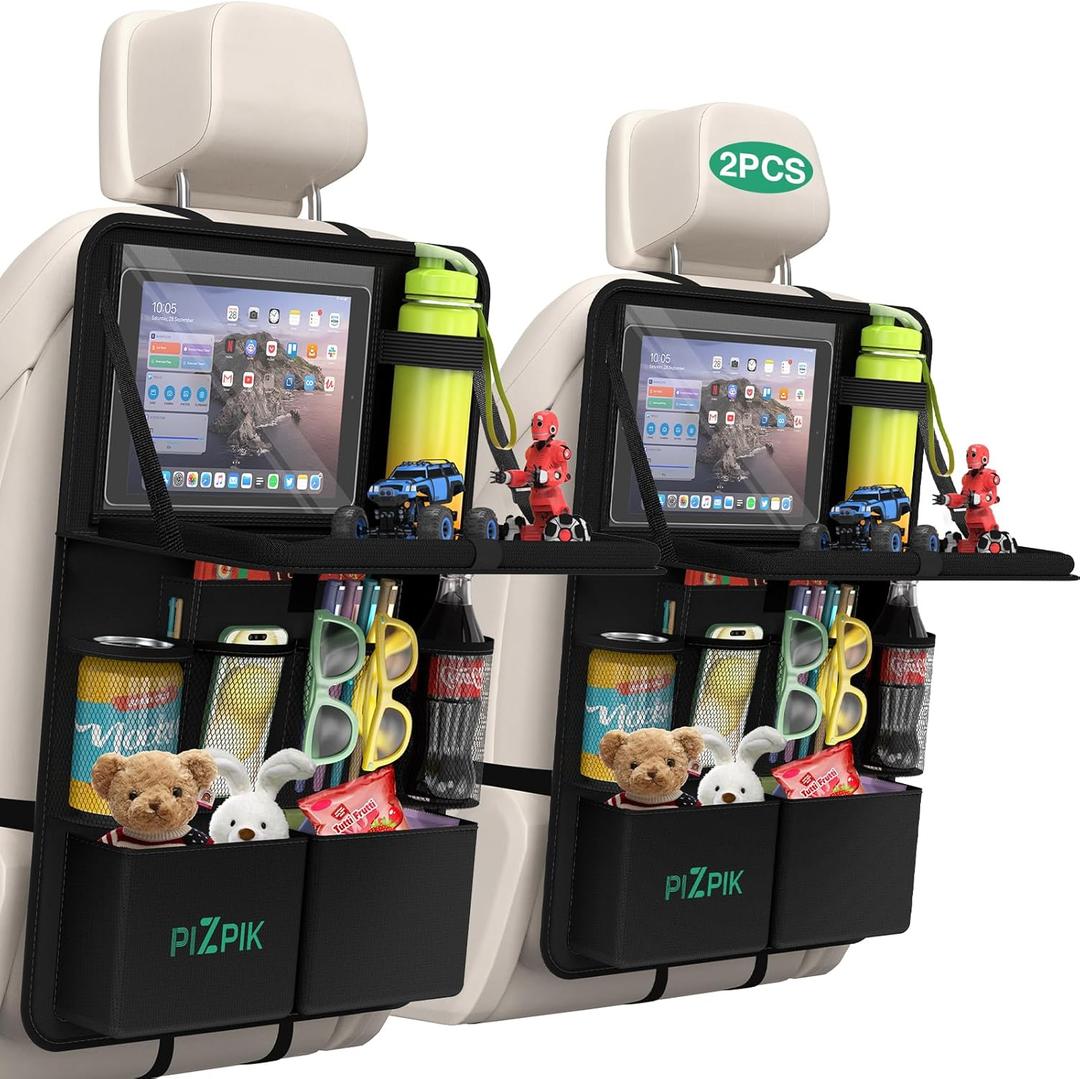 Plzpik Car Backseat Organizer with Tablet Holder,11 Storage Pockets with Foldable Food Tray, Protector Kick Mats for Kids, Travel Accessories Organizer (Black, 2Pack with Food Tray)