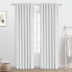 White Linen Blackout Curtains 84 Inch Length 2 Panels Set for Bedroom Darkening, 100% Black Out Thermal Insulated Back Tab Curtains Heating Blocking for Nursery