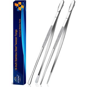 JETKONG 2 Pcs 16-Inch Kitchen Tweezers Extra Long Tweezer Tongs, Heavy Duty Stainless Steel Cooking Tweezers (Silver)