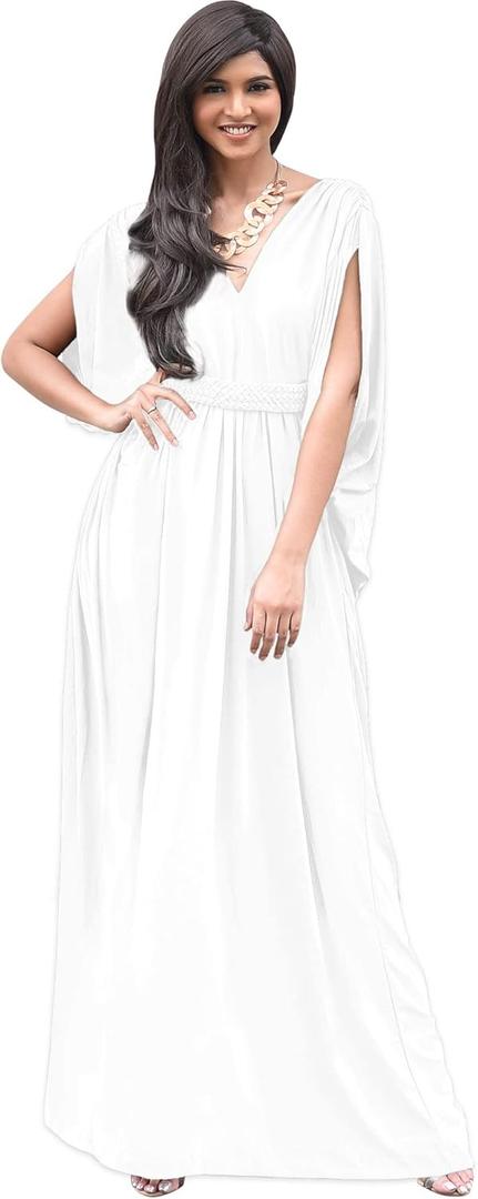 KOH KOH Plus Size Womens Long V-Neck Summer Grecian Greek Bridesmaid Wedding Party Guest Flowy Formal Evening Slimming Vintage Maternity Gown Gowns Maxi Dress Dresses, Ivory White XL 14-16
