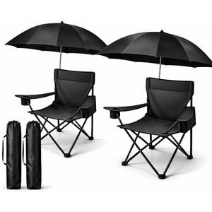2 Pack Portable Folding Camping Chairs with Adjustable Umbrella, Outdoor Canopy Chairs with Cup Holder, Lightweight Beach Chairs for Fishing, Sports Events & Lawn (Black)