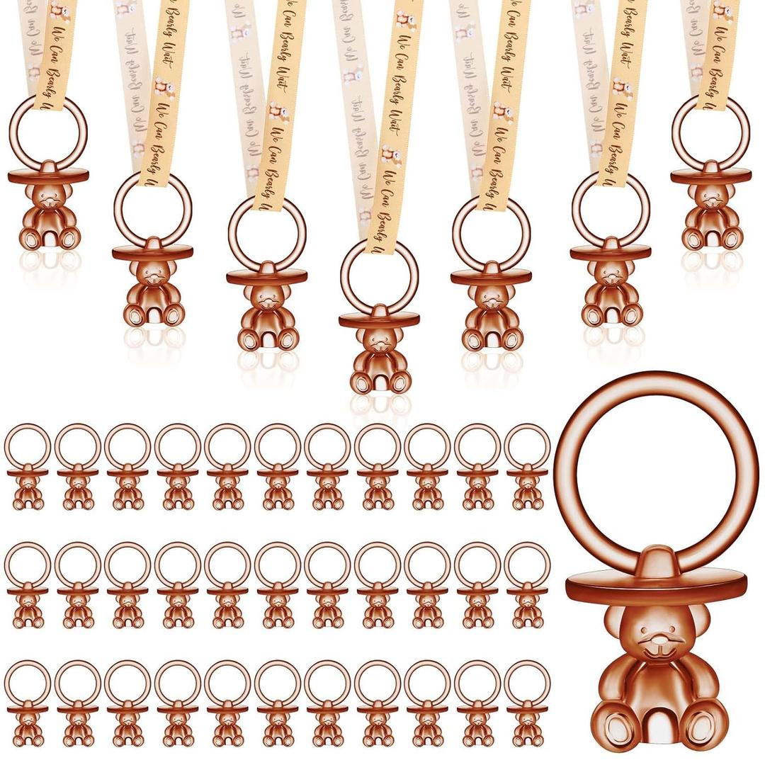 50 Pcs Green Leaf Baby Pacifiers Baby Shower Acrylic Pacifiers Necklace Boy Pacifier Bulk Nipples for Shower Game Ribbon Necklace for Party Favors Prize Decorations(Brown)