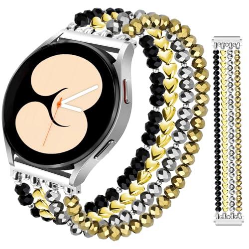 JR.DM Beaded Bracelet Compatible with Samsung Galaxy Watch 7/6/5/4/Active 2 40mm 44mm/Watch 6 Classic 43mm 47mm/Watch 5 Pro 45mm/Watch 4 Classic 42mm 46mm, Dressy Cute 20mm Strap for Women Black Gold