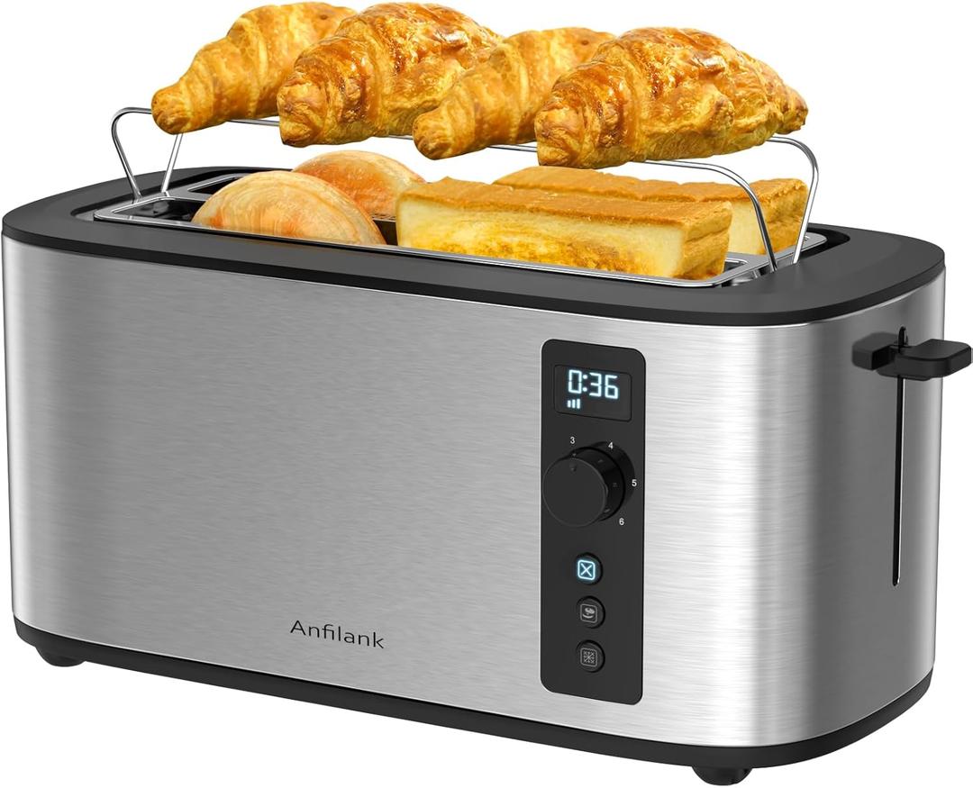 Toaster 4 Slice Long Extra Wide Slot 1.5" with Countdown Timer, 6 Browning Settings, Built-in Warming Rack, Bagel/Cancel/Defrost Functions, Removable Crumb Tray-Stainless Steel