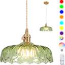 Battery Operated Pendant Light,Vintage Light Fixtures RGB Light Bulb 2500mAh 9.4in Green Modern Chandelier with Remote Control Wireless Adjustable Rechargeable Chandelier for Kitchen Island 1Light