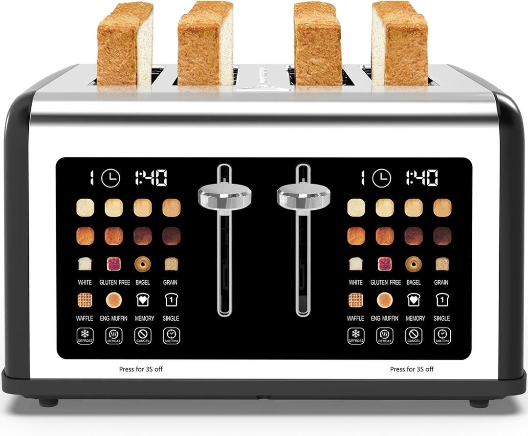 4 Slice Toaster Touch Screen, Stainless Steel Toasters Digital Timer, Dual Control Panel Toasters, 8 Shade Settings 6 Bread Types for Bagel, Cancel, Defrost 1650W, Black