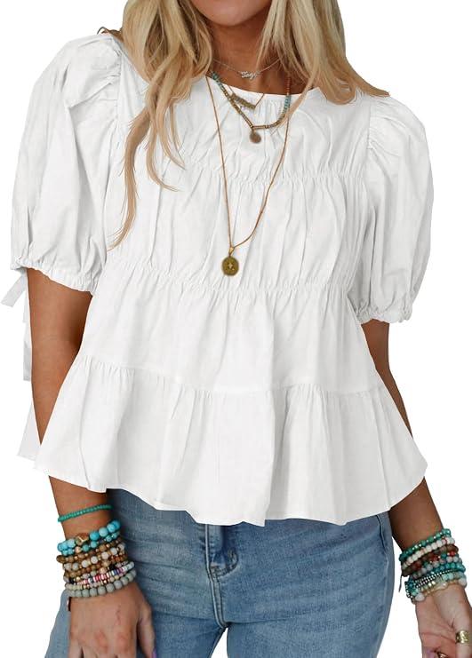 Tankaneo Women's Summer Babydoll Tops Cotton Puff Sleeve T-Shirts Smocked Peplum Blouse Casual Loose Fit Tops Large, White