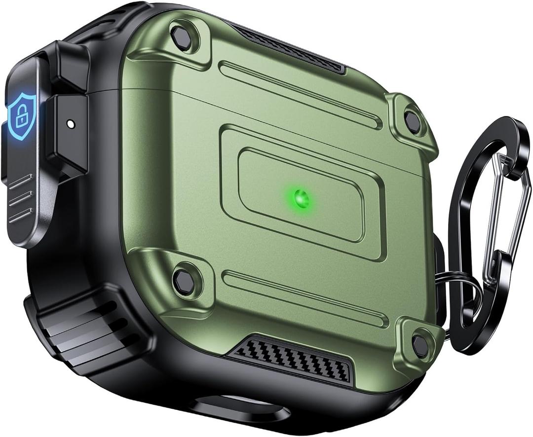 Chicfun Armour Lock for AirPods 3rd Generation Case with Secure Lock & Keychain, Compatible with MagSafe [360 Heavy Duty Protective] AirPods 3rd Case Hard Protective Locking Cover Green