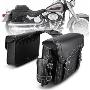NICECNC Motorcycle Saddle Bags, PU leather Saddlebags, Reinforced Straps & Saddle Piece with Cup Holder, Throw Over Saddle Bag Side Bags Universal Accessories bags, Black