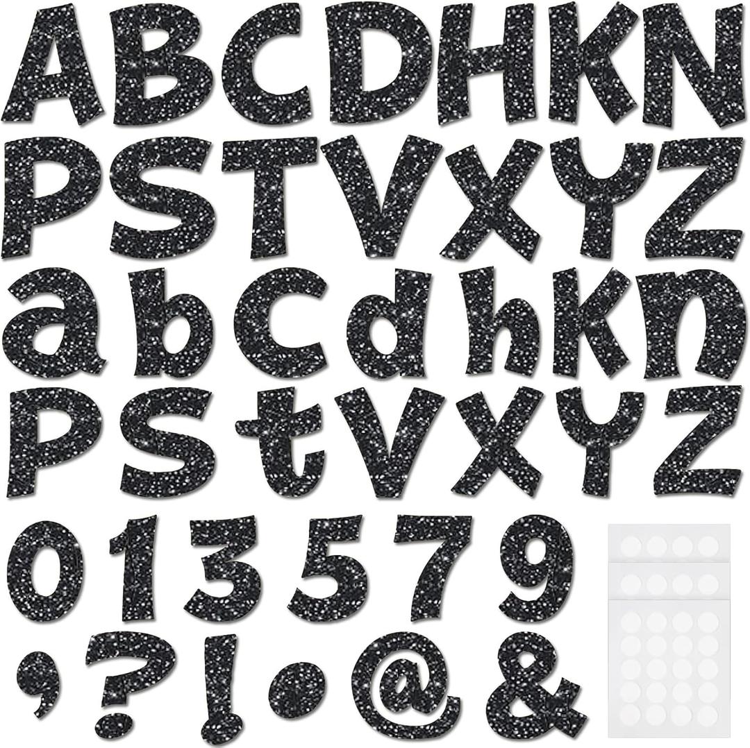 Colarr 216 Pcs Glitter Bulletin Board Letters for Classroom Number Alphabet Punctuation Symbol Cutout 4'' Die-Cut Poster Letter with Adhesive Dot School Party Holiday Decor Display(Black)