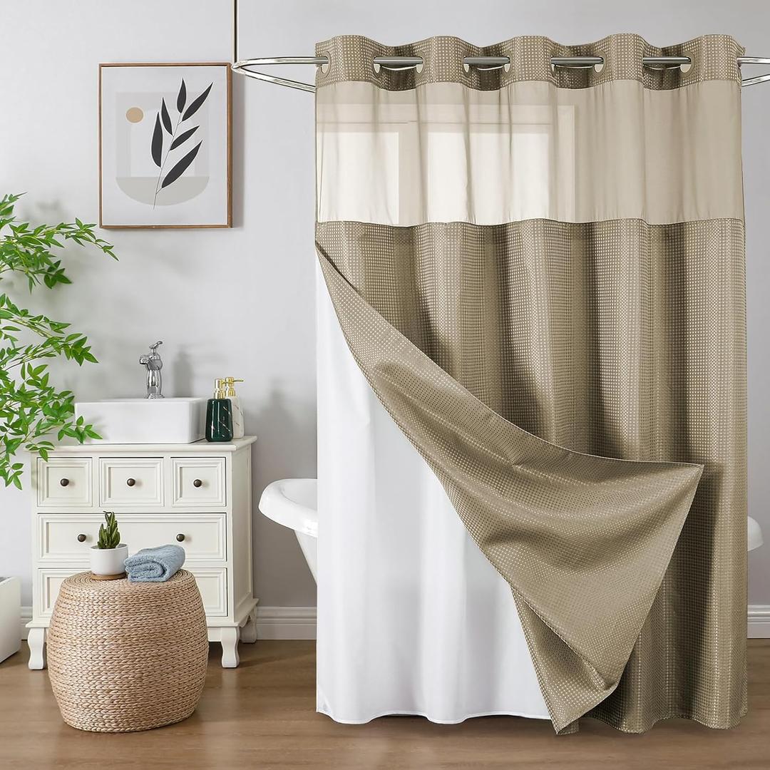 Colorful Star No Hook Waffle Shower Curtain with Snap in Fabric, Waterproof Shower Curtains with See Through Top Window, Hotel Luxury Heavy Duty Bathroom Curtain and Liner Set, 72'' x 75'', Beige