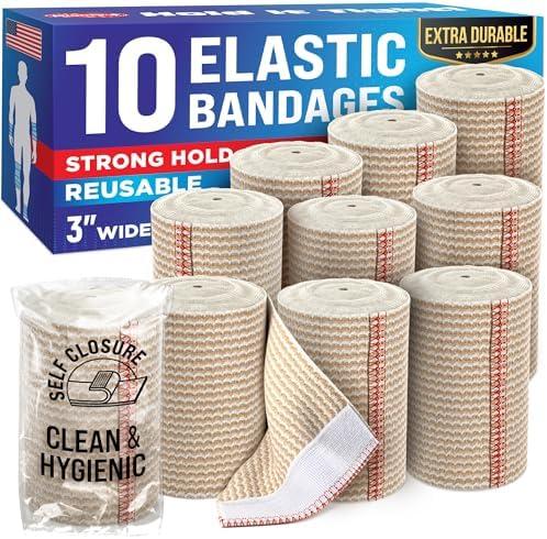 Premium Elastic Bandage Wrap - 3” (10pk) - Strong Compression for Sprains - Self-Closing Reusable Bandages for Legs and Arms - Wrist, Elbow, Foot, Knee Wrap - First Aid Kit and After Surgery Recovery
