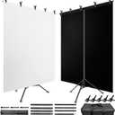 Black White Backdrop Screen with Stand Kit for Photo Video Studio Filming 5X6.5ft, Black Backdrop White Photo Curtain Background with T Shape Stand and 5 Spring Clamp for Photography Party Decorations