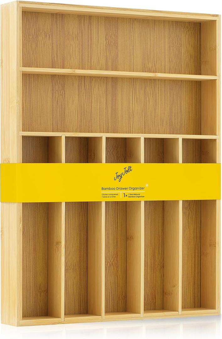 JoyJolt Bamboo Drawer Organizer, 7-Compartment Silverware Organizer, Cutlery and Utensil Organizer, Drawer Organizers for Garage, Kitchen, and Bathroom, Organizer Drawers for Kitchen Utensils