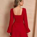 EYNMIN Long Sleeve Mini Dress Lace Sweetheart Neckline Tie A Line Cute Casual Short Party Dresses for Women (Red, L)
