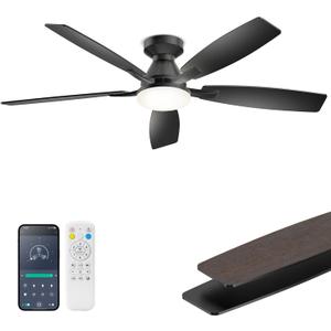 52 Inch Ceiling Fans with Lights, Remote & APP Control, Quiet DC Motor, Dimmable 3CCT LED Light, 6 Speeds, Reversible Low Profile Flush Mount Ceiling Fan for Bedroom Living Room Patio, Black