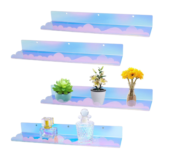 4 Pack Iridescent Acrylic Shelves 15 Inch Rainbow Floating Shelves for Wall Display Ledge for Books Toys Cosmetic Wall Organizer Multi-color