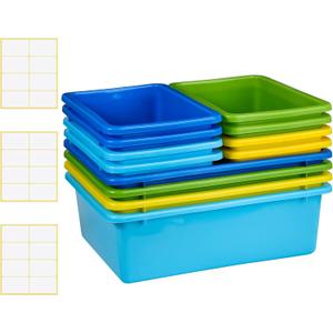 Zonon 12 Pcs Plastic Cubby Bins Office Storage Container Storage Bins Plastic Organization with 1 Pack Self Adhesive Label for Library Office Home Nursery(Cute Colors)