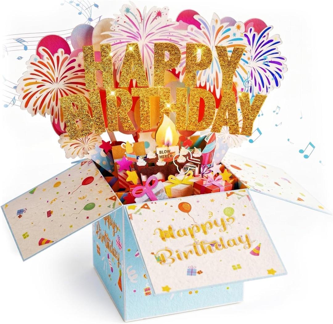 Large Pop Up Birthday Cards with Blowable Lights and Music,1-100 Ages Funny Happy Birthday Cards 3D Greeting Cards Special Birthday Gifts for Kids Teens Women Men Son Daughter
