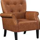 Yaheetech Modern Armchair, Mid Century PU Leather Accent Chair with Sturdy Wood Legs and High Back for Small Space, Upholstered Sofa Club Chair for Living Room/Bedroom/Office, Retro Brown (Set of 1)