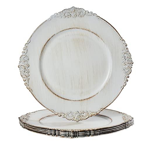 MAONAME Antique White Charger Plates, Round Antique Plate Chargers for Dinner Plate, 13" Plastic Charger for Plates, Wedding Table Setting, Set of 6