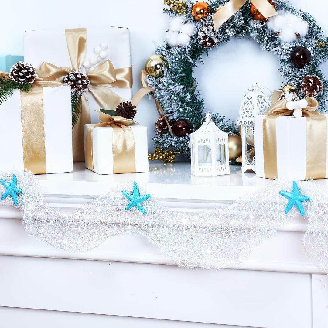 10 Feet Christmas Coastal Garland Ocean Beach Nautical Starfish Themed Fishnet Hanging Ornaments Decoration for Christmas Tree, Mantel, Curtains