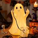 Ghost Walking Dog Statue Decor with LED, Halloween Spooky Ghost Dog Resin Figurine,Cute Light-Up Finger Ghost Decorations for Party, Home, Bedroom, Shelf, Table Centerpiece (Girl)