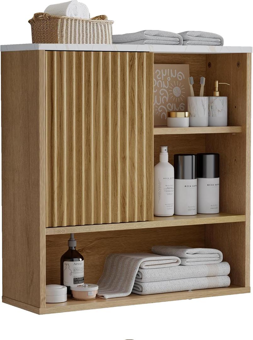 Bathroom Cabinet Wall Mounted Fluted, Modern Medicine Cabinet Over The Toilet Storage Cabinet Faux Marble Top with Adjustable Shelf, Wood Wall Mounted Storage Cabinet Organizer(Oak, Medium)