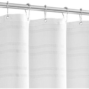 White Waffle Shower Curtain, Waffle Weave Striped Shower Curtain Hotel Luxury White Fabric Shower Curtains for Bathroom