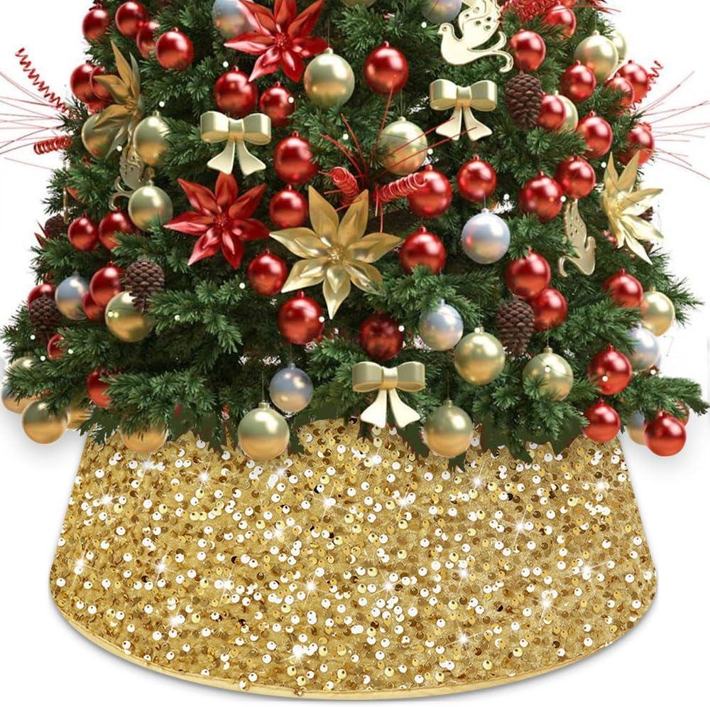 Gold Christmas Tree Collar 23.6 Inch Sequin Tree Skirt Round Velvet Trees Skirts Merry Christmas Glitter Trees Box Collars Artificial Xmas Trees Stand Base Cover for Festival Decor