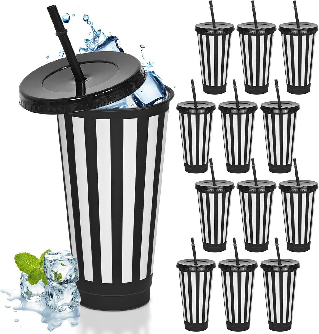 Cinrobiye 24 PCS Christmas Party Favors Xmas Plastic Cups with Lid Straw 24 oz Reusable Plastic Drink Cups Bulk Water Bottle Coffee Mug for Winter Holiday Party Supplies Classroom Gifts (24, black)