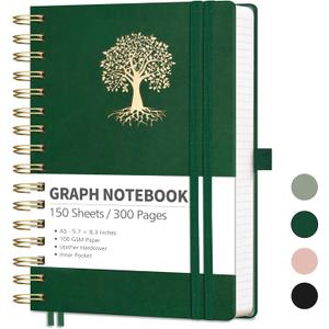 RETTACY Graph Grid Paper Notebook, 300 Pages, A5 Medium Size (5.7''  8.3''), 5 Squares per Inch, Leather Hardcover, 100 GSM Thick Paper, for School, Students, Math, Engineering (Dark Green)