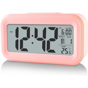 Digital Alarm Clock with Indoor Temperature, Large LED Display, 12/24H, Snooze Mode, Battery Operated Bedside Clock for Bedroom, Heavy Sleepers & Kids (Pink)
