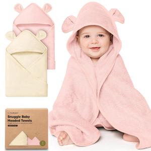 KeaBabies 2-Pack Hooded Baby Towels for Newborn - 35x35 Soft & Absorbent Viscose From Bamboo Baby Bath Towels with Hood for Infant, Toddler, Kids, Boys Girls, Newborn Bath Essentials (Rose Ivory, Regular)