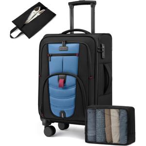 Carry On Luggage 22x14x9 Airline Approved, 22-Inch Suitcases with Spinner Wheels, Softside Carry-on Luggage with TSA Lock for Men Women Business Trip, Lightweight Large Capacity Luggage for Travel (Black&Blue)