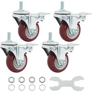 Finnhomy Swivel Caster Wheels 3 Inch Threaded Stem Casters Set of 5 Heavy Duty 1/2"-13 x 1 with Brake Polyurethane Industrial Locking Castors Wheels for Cart/Furniture 2200 Lbs Smooth Casters, Red