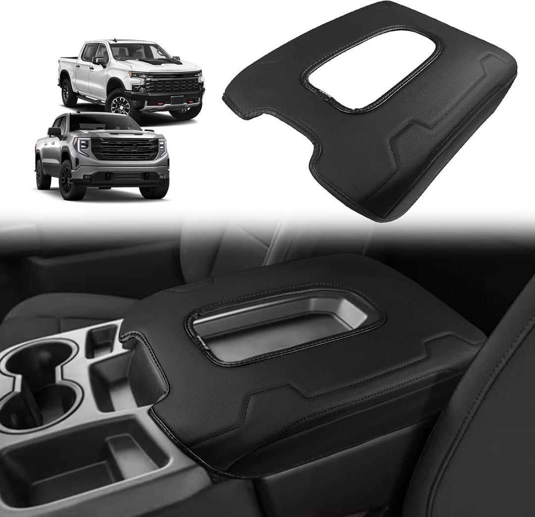 Muslogy Center Console Armrest Cover Fit for Chevy Silverado & GMC Sierra 2019-2026 Accessories, Comfort Armrest Pad Console Lid Cushion Vegan Leather Regular Thick(Split Bench Seat Console ONLY)
