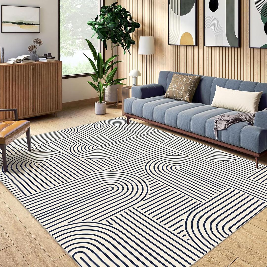 Washable Area Rug 8x10 - Large Indigo Boho Rugs for Living Room Soft Abstract Bedroom Rug Ultra-Thin Modern Rainbow Carpet Dining Room Nursery Room Home Decor