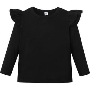 LYSMuch Toddler Baby Girls Long Sleeve Ruffle T Shirt Kids Casual Plain Solid Top Blouse T-Shirt Undershirt (Black),  2-3T