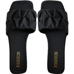 GORGLITTER Women's Pleated Square Toe Slide Flat Sandals Summer Trendy Sandals (11.5, Black)
